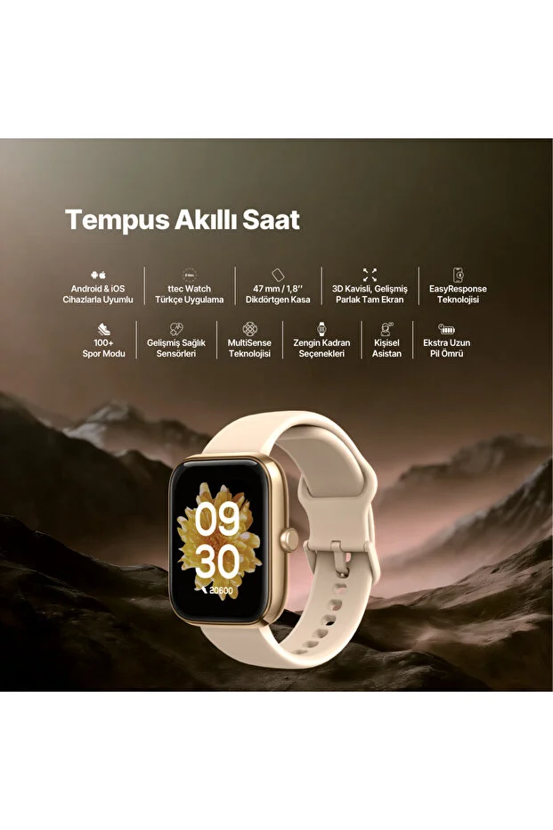 Tempus 47 mm Dikdörtgen Kasa Akıllı Saat Altın